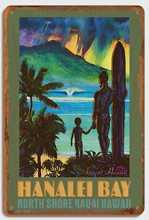 Hanalei Bay - North Shore Kauai Hawaii - Ancient Hawaiian Surfer - Wood Sign Art