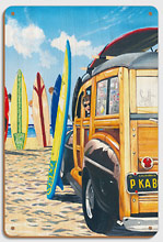 Beach Cruiser Kids - Retro Woodie on Beach with Surfboards - Wood Sign Art