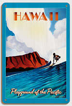 Hawaii - Playground of the Pacific - Surfing At Diamond Head - Wood Sign Art