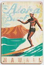 Aloha Surf Hawaii - Surfer On Longboard - Wood Sign Art